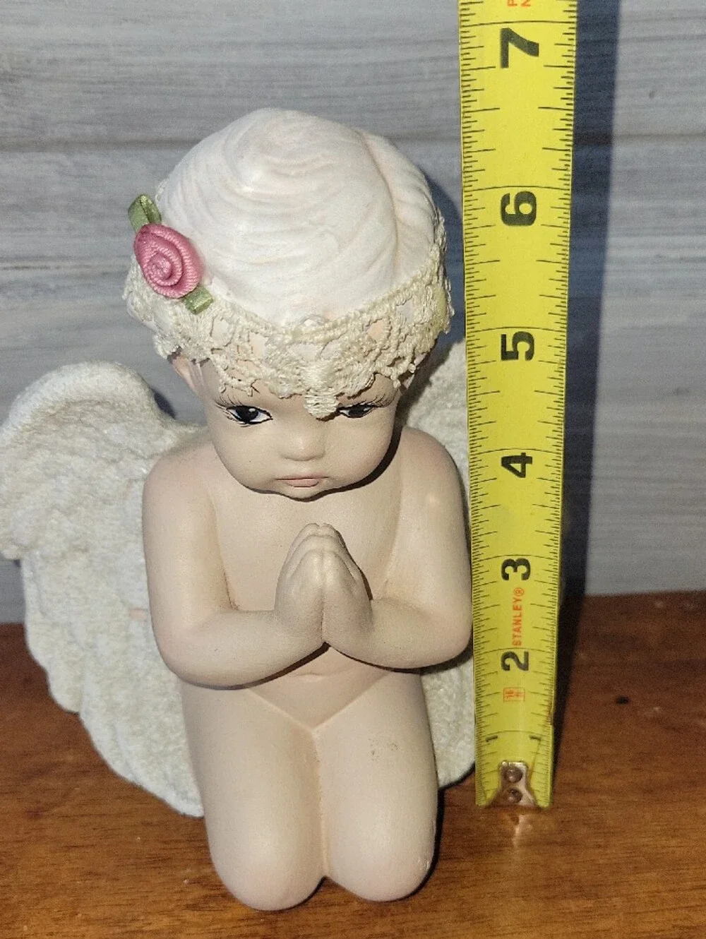 Cream Praying Angel Figurine with Pink Rose Crochet Headband Vintage